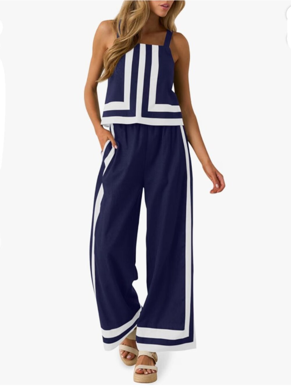 Navy White Colorblock 2 Piece Cami Wide Leg Pant Set | Women's Size Medium